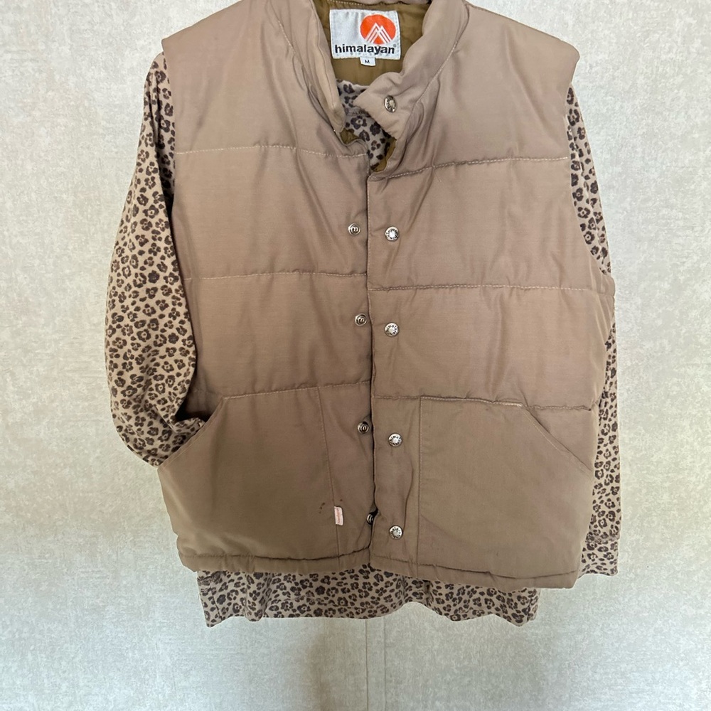 Himalayan Brown Puffer Vest with Leopard Print Shirt
